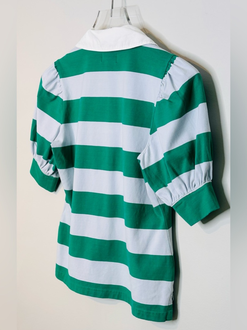 Anthro Maeve Puff Sleeve Green Blue Stripe Rugby Polo Shirt Top NWT - Picture 9 of 15